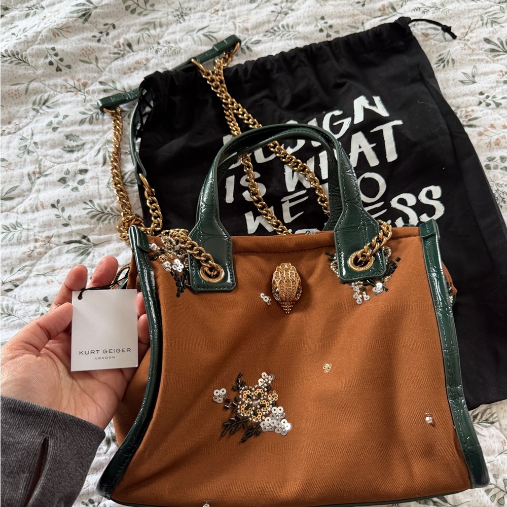 Kurt Geiger Embroidered Sequin Green Brown Tote Shoulder Crossbody Bag NWT - Picture 7 of 16
